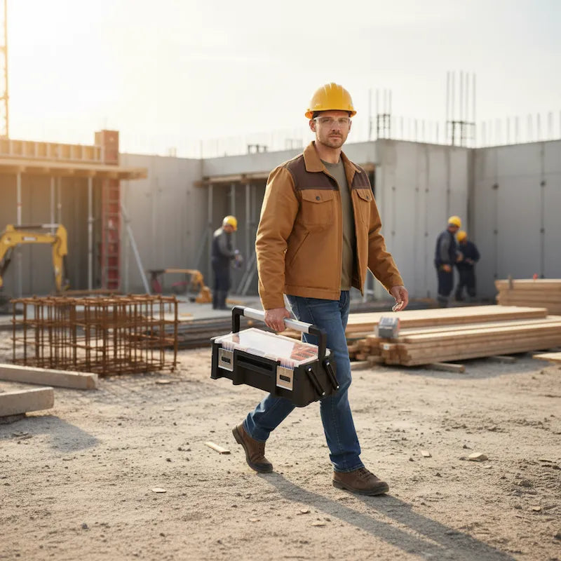Travailleur marche sur chantier avec caisse a outils plastique