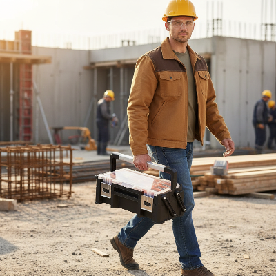 Travailleur marche sur chantier avec caisse a outils