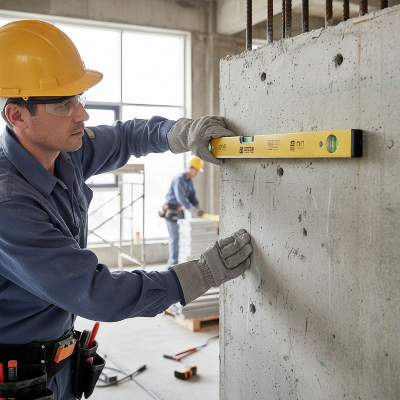 Travailleur mesure mur béton avec grand niveau à bulle