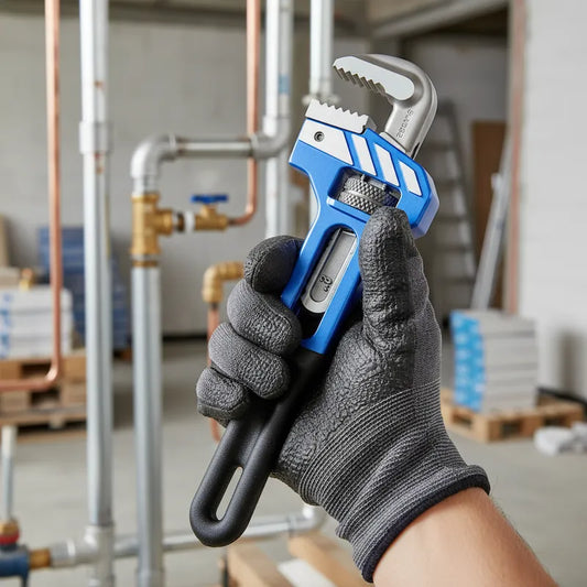 Travailleur tient clé à griffe ajustable sur chantier
