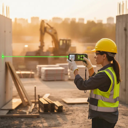 Travailleuse mesure distance sur chantier avec telemetre
