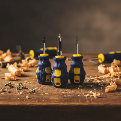 Trio mini tournevis sur établi bois atelier