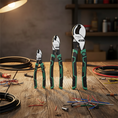Trois pince coupe cable sur table bois atelier